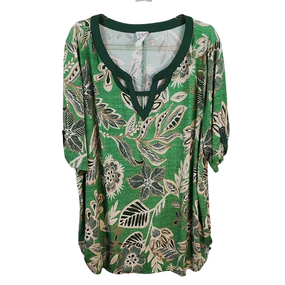 Naif Floral Split Neck Tunic 2X Dopamine Green Botanical Boho Workwear